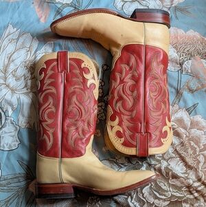 Justin Boots Men's Leather Western Cowboy Boots Square Toe Size 9D Red Cream